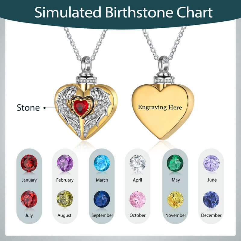 Angel Wings Heart Locket Ashes Necklace with Engraving and Birthstone