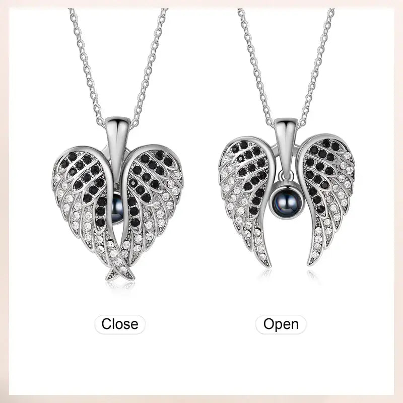 Angel Wings Photo Projection Necklace | Heart Pendant Necklace with Picture Inside | 5 Colours