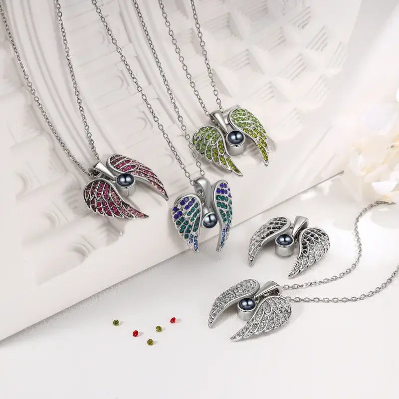 Angel Wings Photo Projection Necklace | Heart Pendant Necklace with Picture Inside | 5 Colours