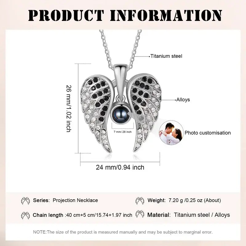 Angel Wings Photo Projection Necklace | Heart Pendant Necklace with Picture Inside | 5 Colours