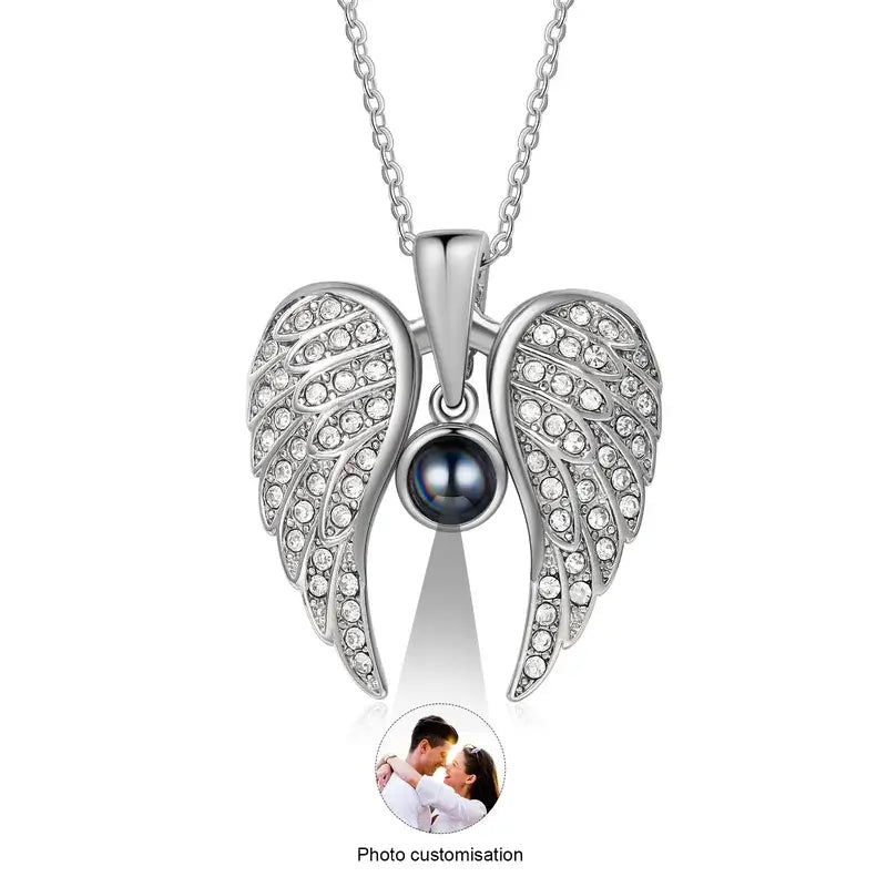 Angel Wings Photo Projection Necklace | Heart Pendant Necklace with Picture Inside | 5 Colours