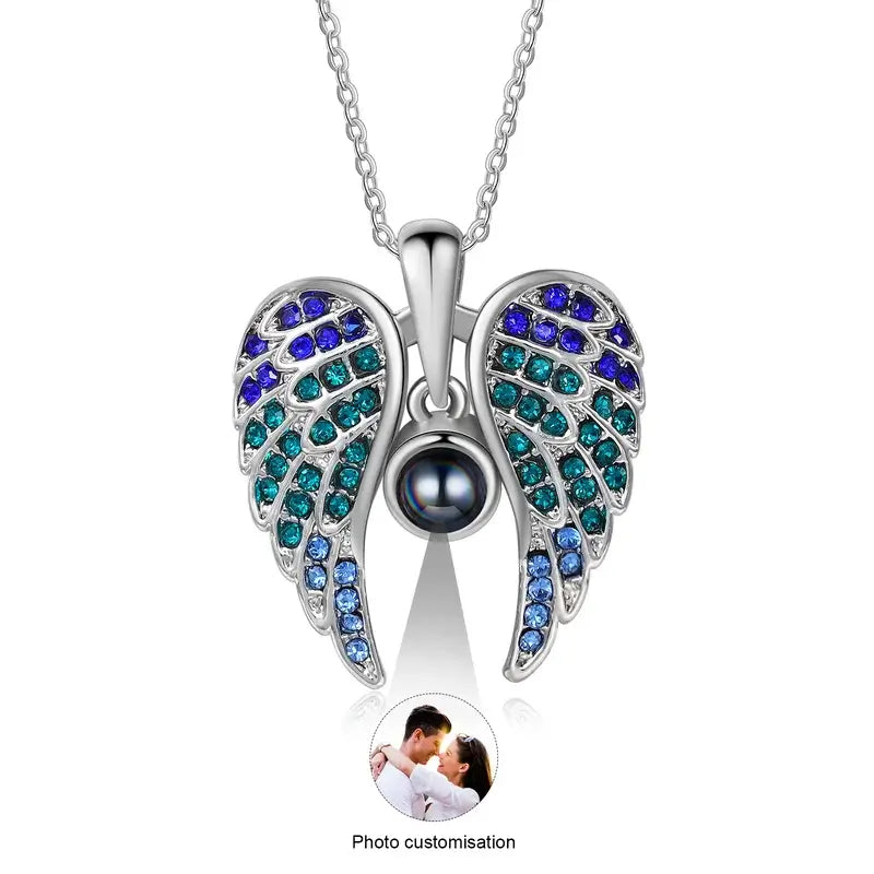 Angel Wings Photo Projection Necklace | Heart Pendant Necklace with Picture Inside | 5 Colours