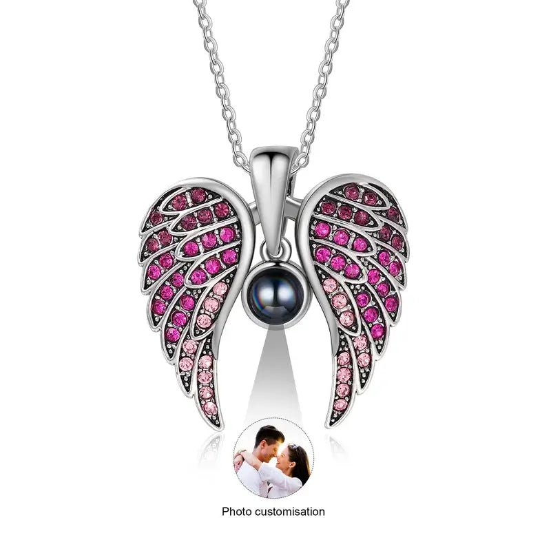 Angel Wings Photo Projection Necklace | Heart Pendant Necklace with Picture Inside | 5 Colours