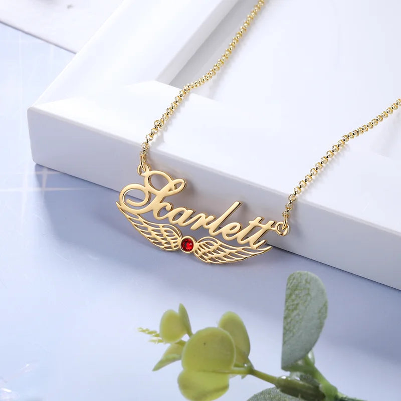Angel Wings Personalised Name Necklace with Birthstone, Name Jewellery for Her, Custom Name Necklace Silver/Gold/Rose Gold
