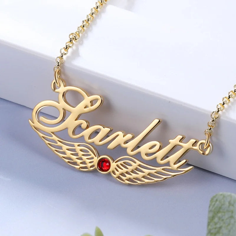 Angel Wings Personalised Name Necklace with Birthstone, Name Jewellery for Her, Custom Name Necklace Silver/Gold/Rose Gold