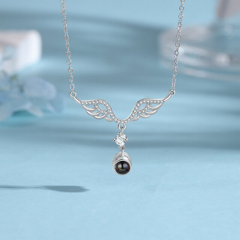 Angel Wings Photo Projection Necklace with Birthstone