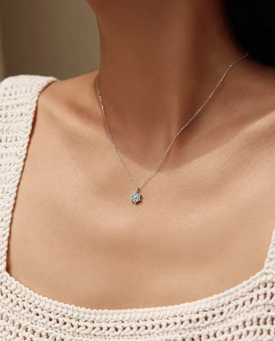 Aqua Blue Moissanite Flower Necklace