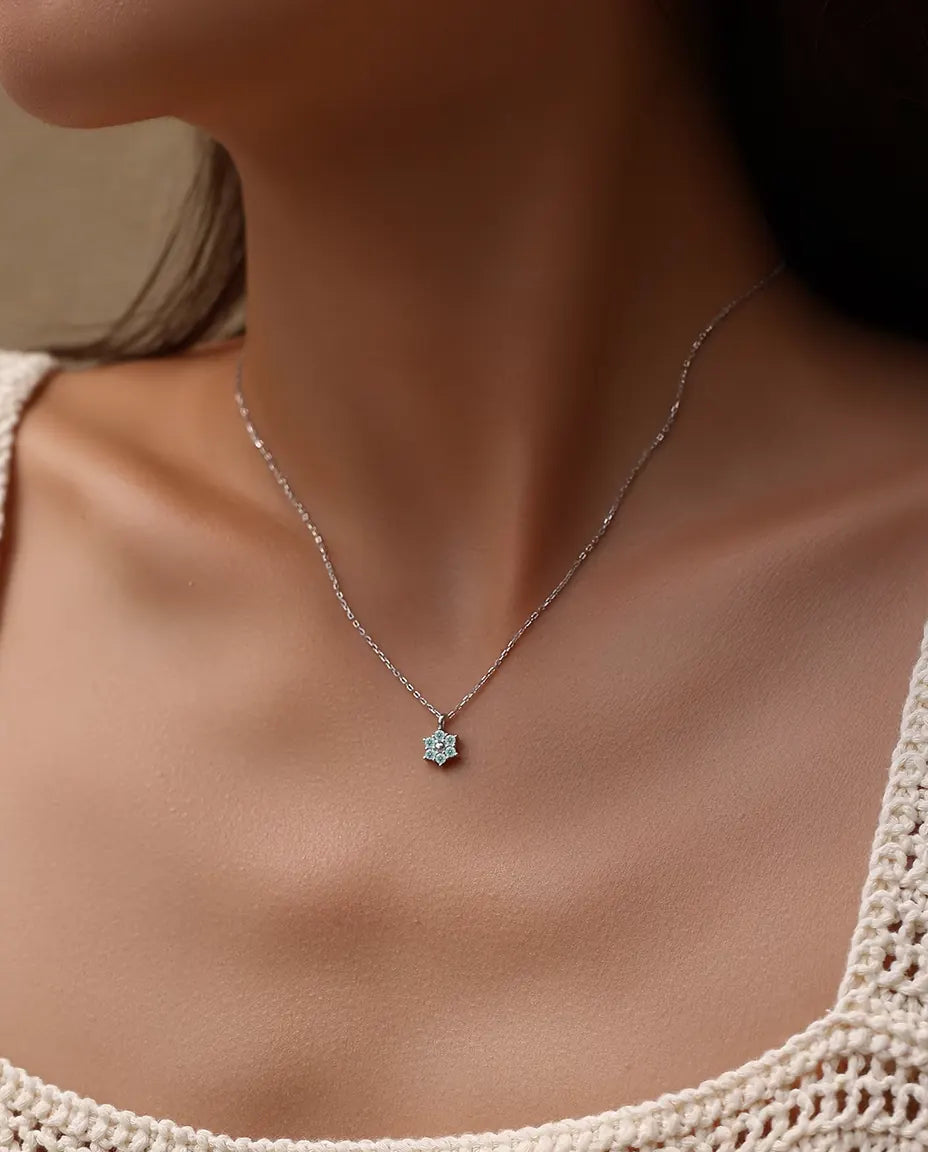 Aqua Blue Moissanite Flower Necklace