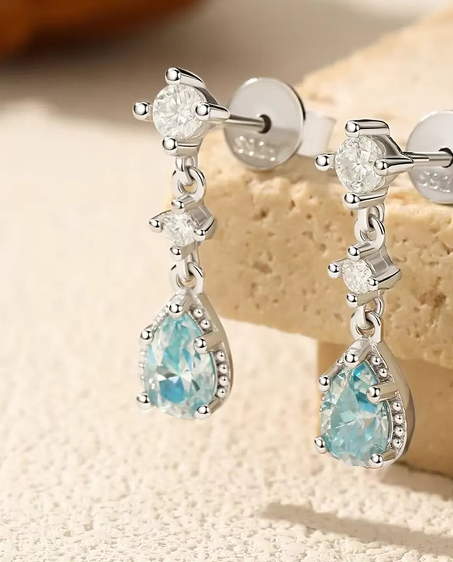 Aqua Blue Moissanite Drop Earrings