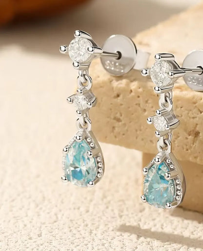 Aqua Blue Moissanite Drop Earrings