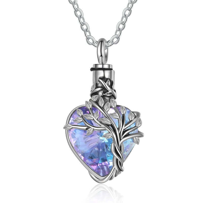 Ashes Locket Necklace - Tree of Life Wrapped Heart Crystal Pendant