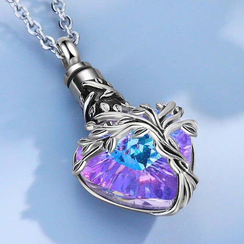 Ashes Locket Necklace - Tree of Life Wrapped Heart Crystal Pendant
