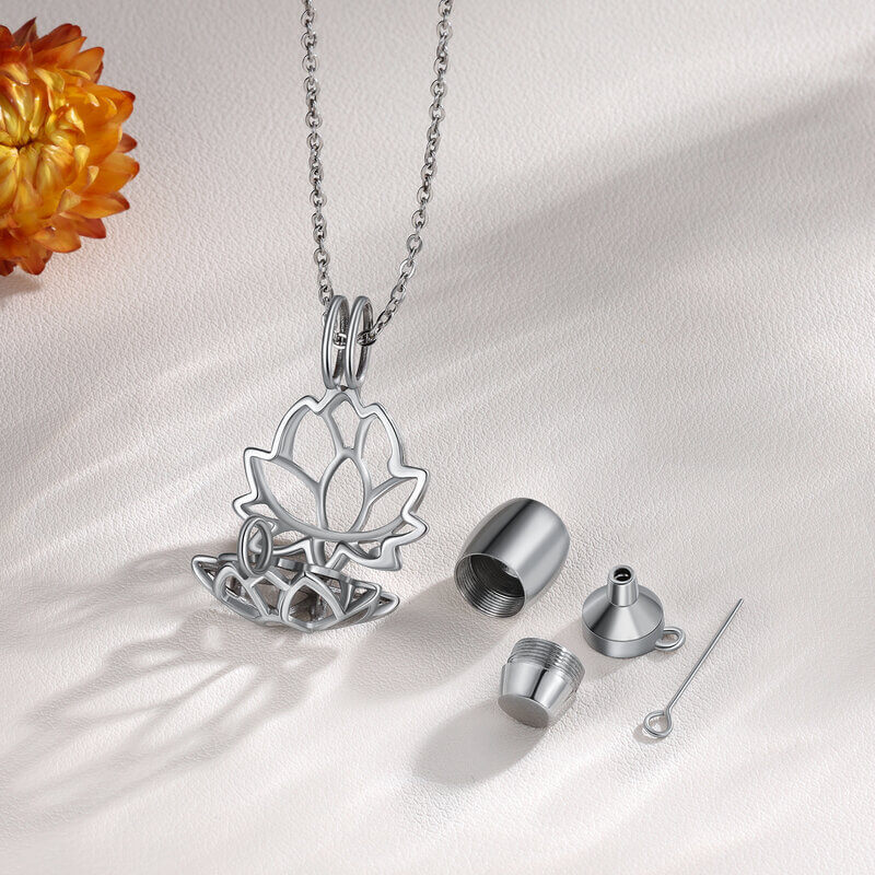Ashes Necklace with Engraving - Silver Lotus Pendant