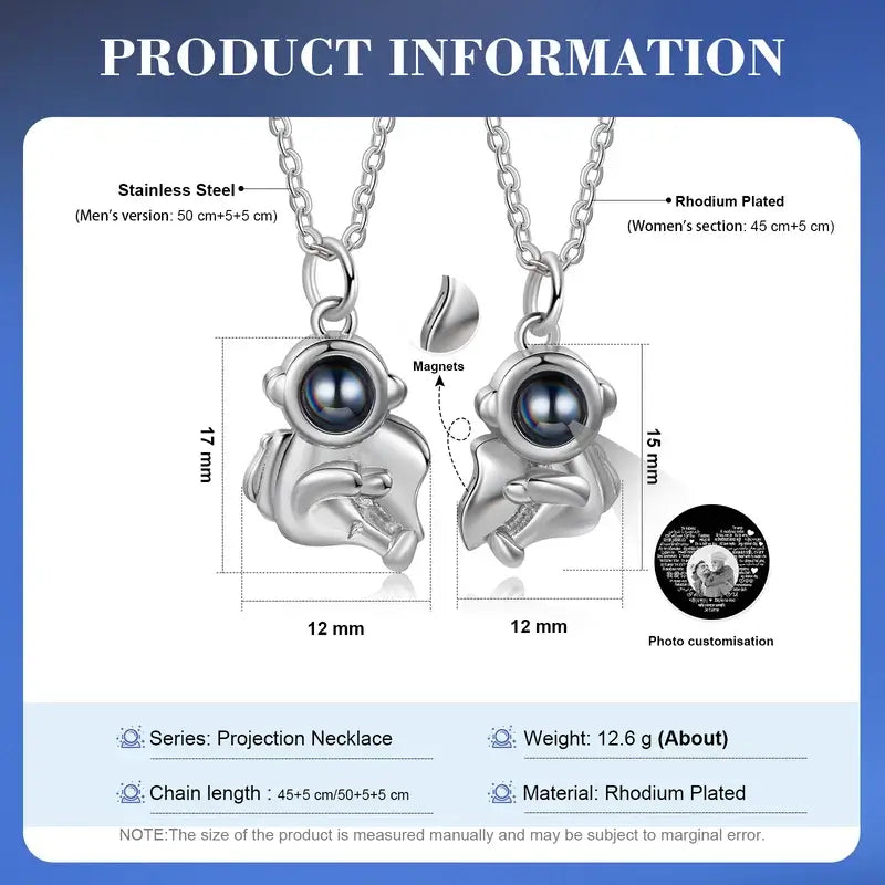 Projection Necklaces | Photo Projection Necklace with Picture Inside | Astronaut Magnetic Necklaces | 2 Pieces