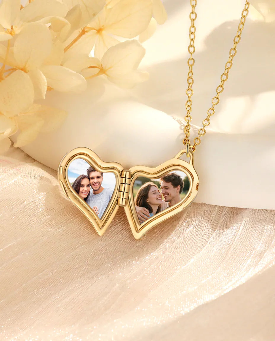 Personalised asymmetric heart photo locket necklace holding two pictures, silver and gold