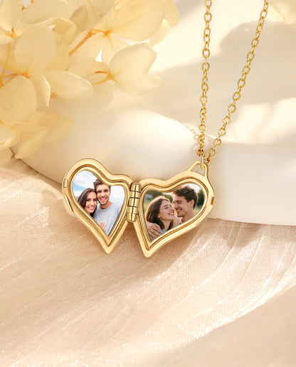 Personalised asymmetric heart photo locket necklace holding two pictures, silver and gold