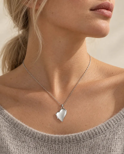 Personalised Asymmetric Heart Photo Locket Necklace That Holds 2 Pictures worn on a model