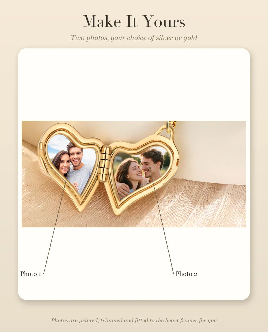 Personalised asymmetric heart photo locket necklace holding two pictures, silver and gold