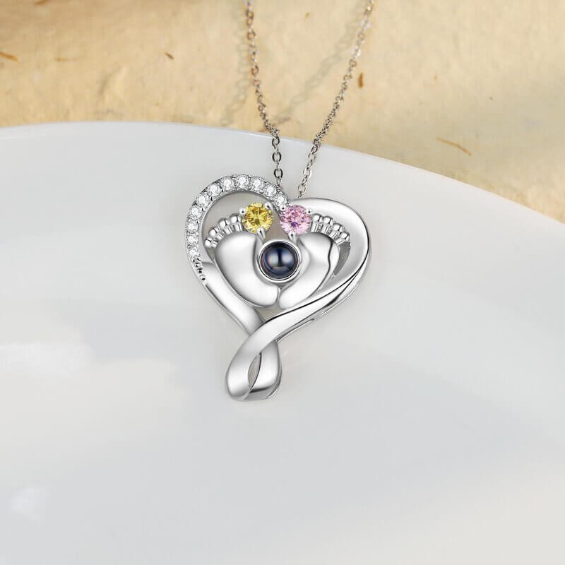 Baby Feet Heart Photo Projection Necklace with 2 Birthstones