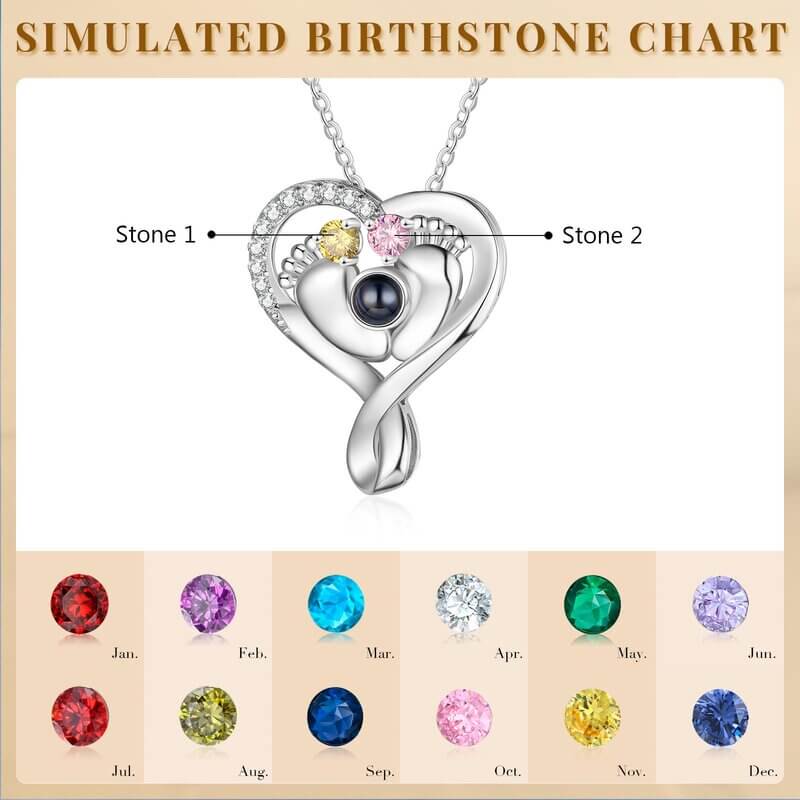 Baby Feet Heart Photo Projection Necklace with 2 Birthstones