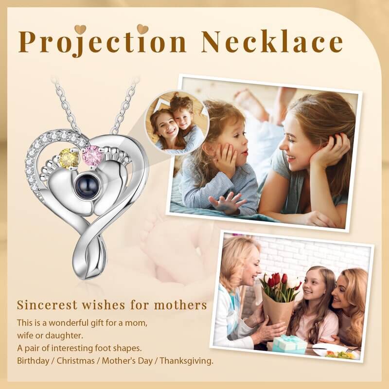 Baby Feet Heart Photo Projection Necklace with 2 Birthstones