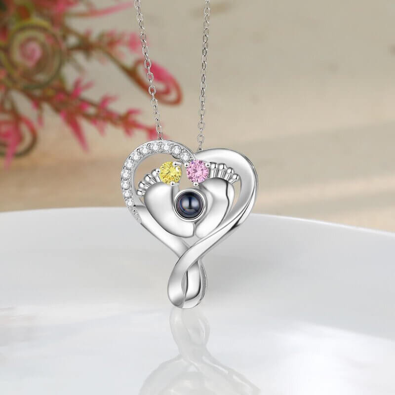 Baby Feet Heart Photo Projection Necklace with 2 Birthstones