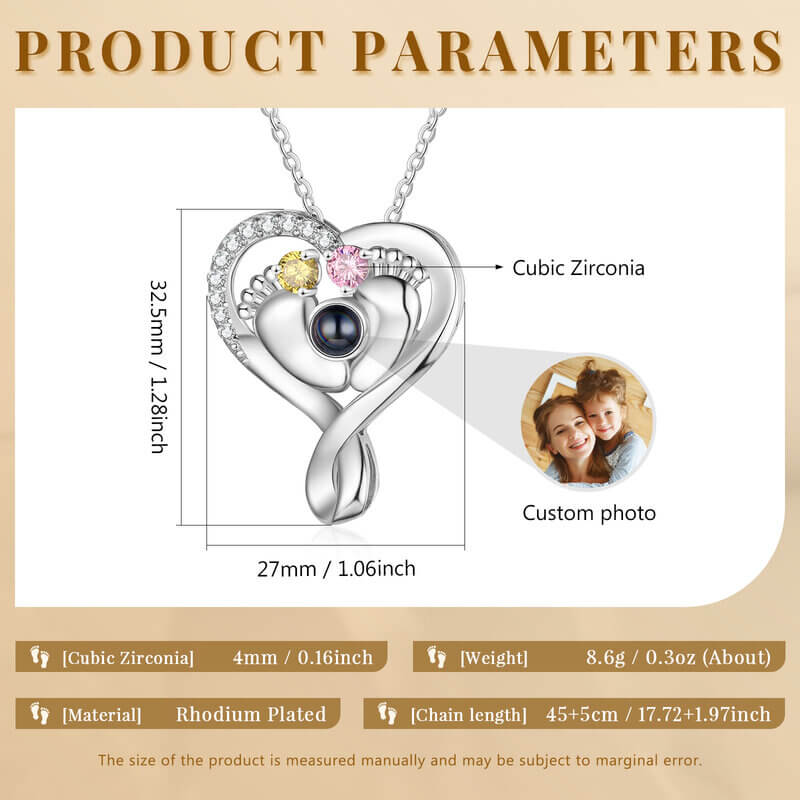 Baby Feet Heart Photo Projection Necklace with 2 Birthstones