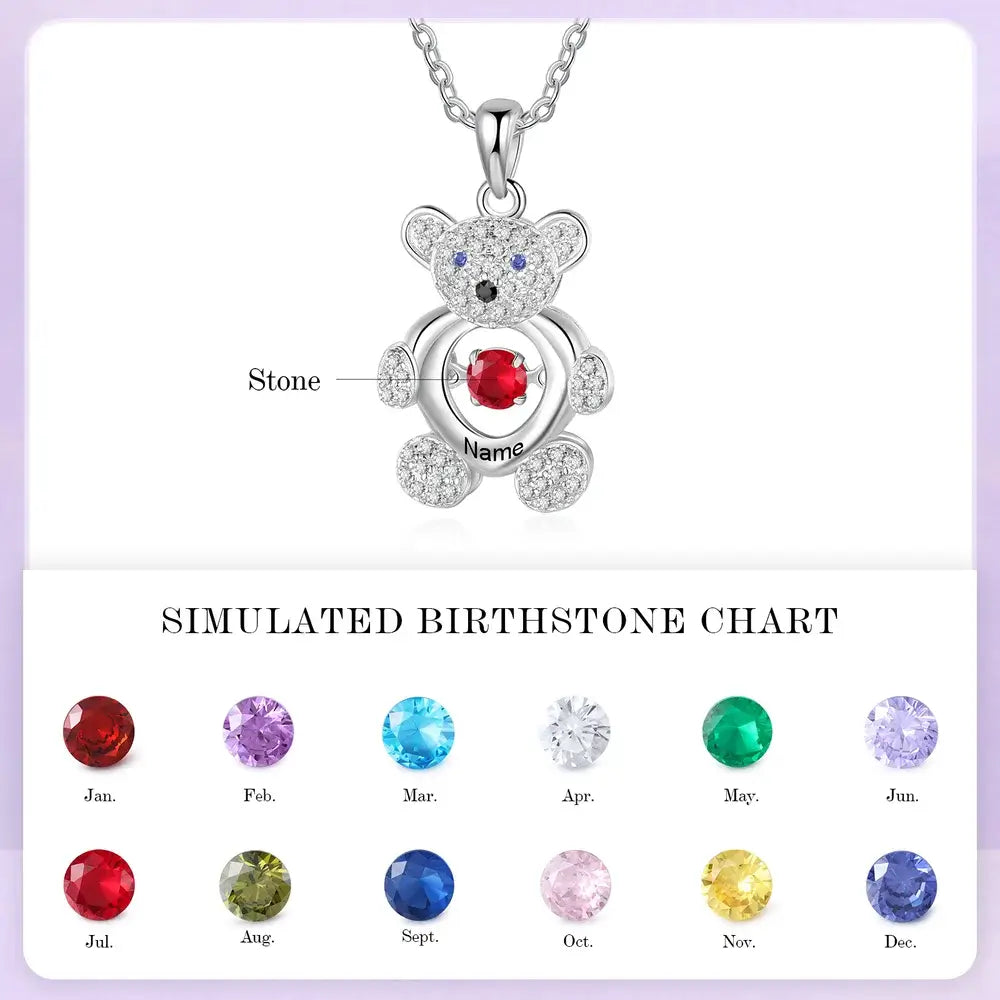 Bear Pendant Personalised Necklace for Mum, Swing Up and Down Birthstone Mum Necklace with Names, Name Engraved Necklaces for Mothers