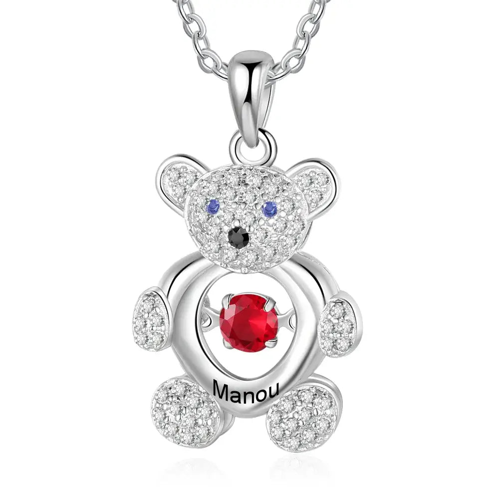 Bear Pendant Personalised Necklace for Mum, Swing Up and Down Birthstone Mum Necklace with Names, Name Engraved Necklaces for Mothers