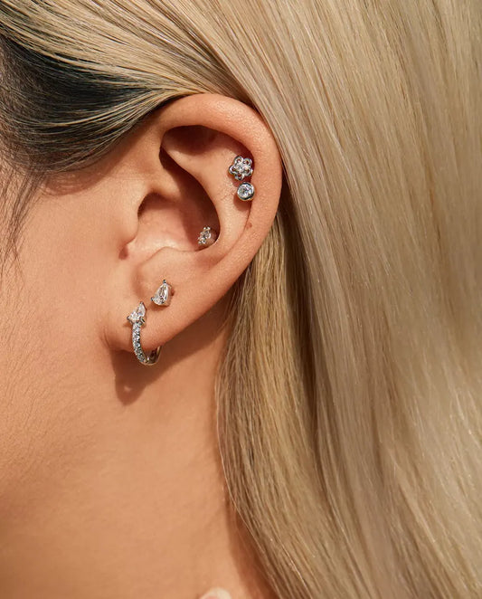 Bezel Moissanite Stud Earrings in 925 Sterling Silver - worn in the ear, close-up