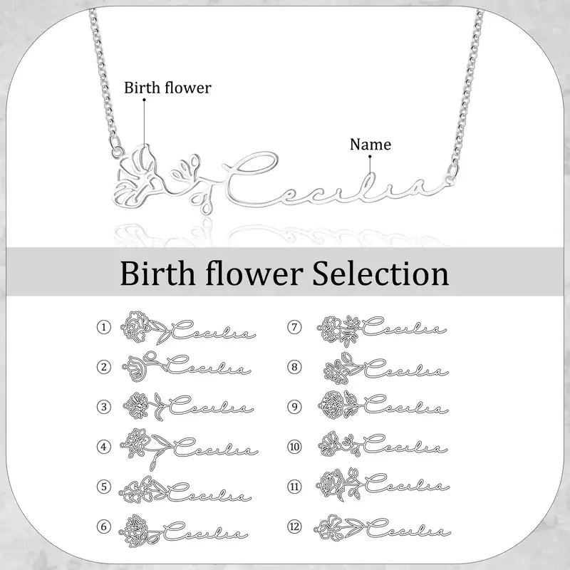 Birth Flower Name Necklace, Sterling Silver Name Necklace, Custom Name Necklace Silver/Rose Gold/Yellow Gold