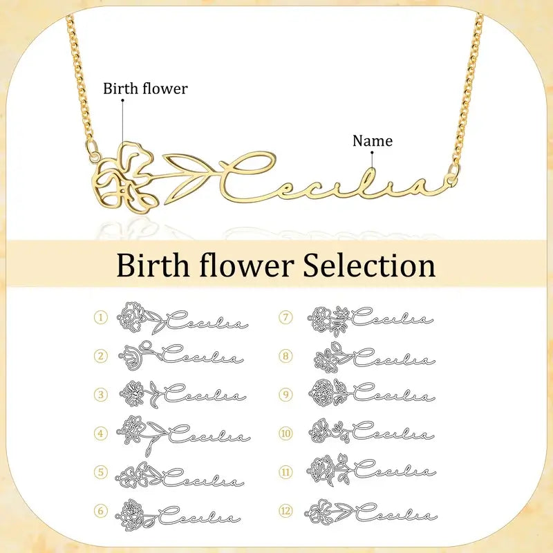 Birth Flower Name Necklace, Sterling Silver Name Necklace, Custom Name Necklace Silver/Rose Gold/Yellow Gold