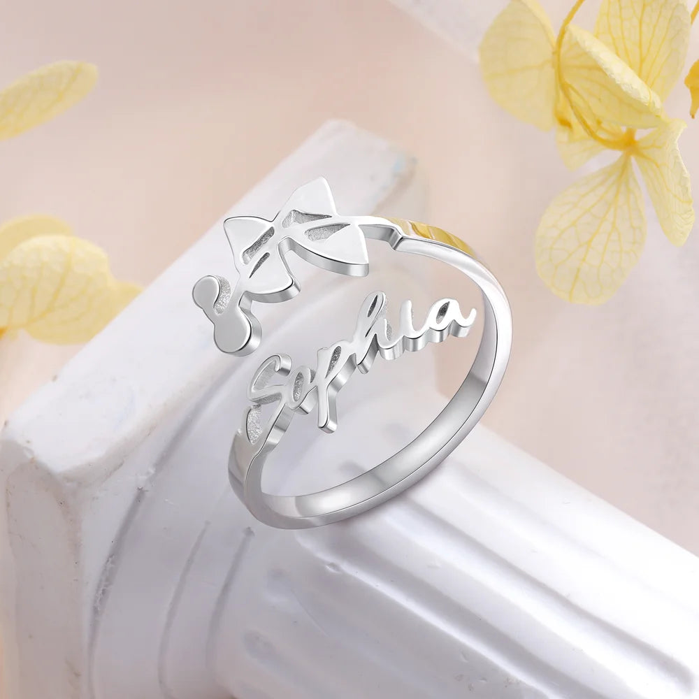 Birth Flower Personalised Ring, Sterling Silver Name Ring with Birth Flower, Birth Flower Jewellery for Her