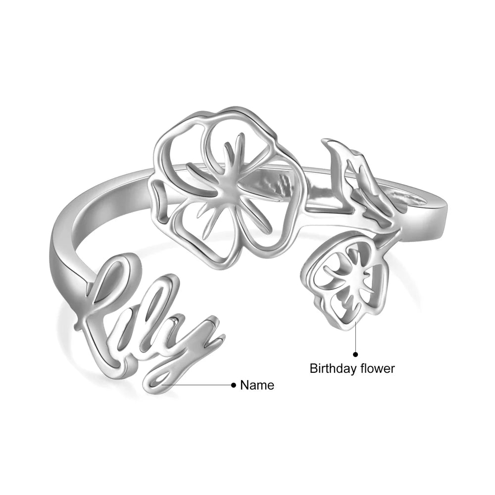 Birth Flower Personalised Ring, Sterling Silver Name Ring with Birth Flower, Birth Flower Jewellery for Her