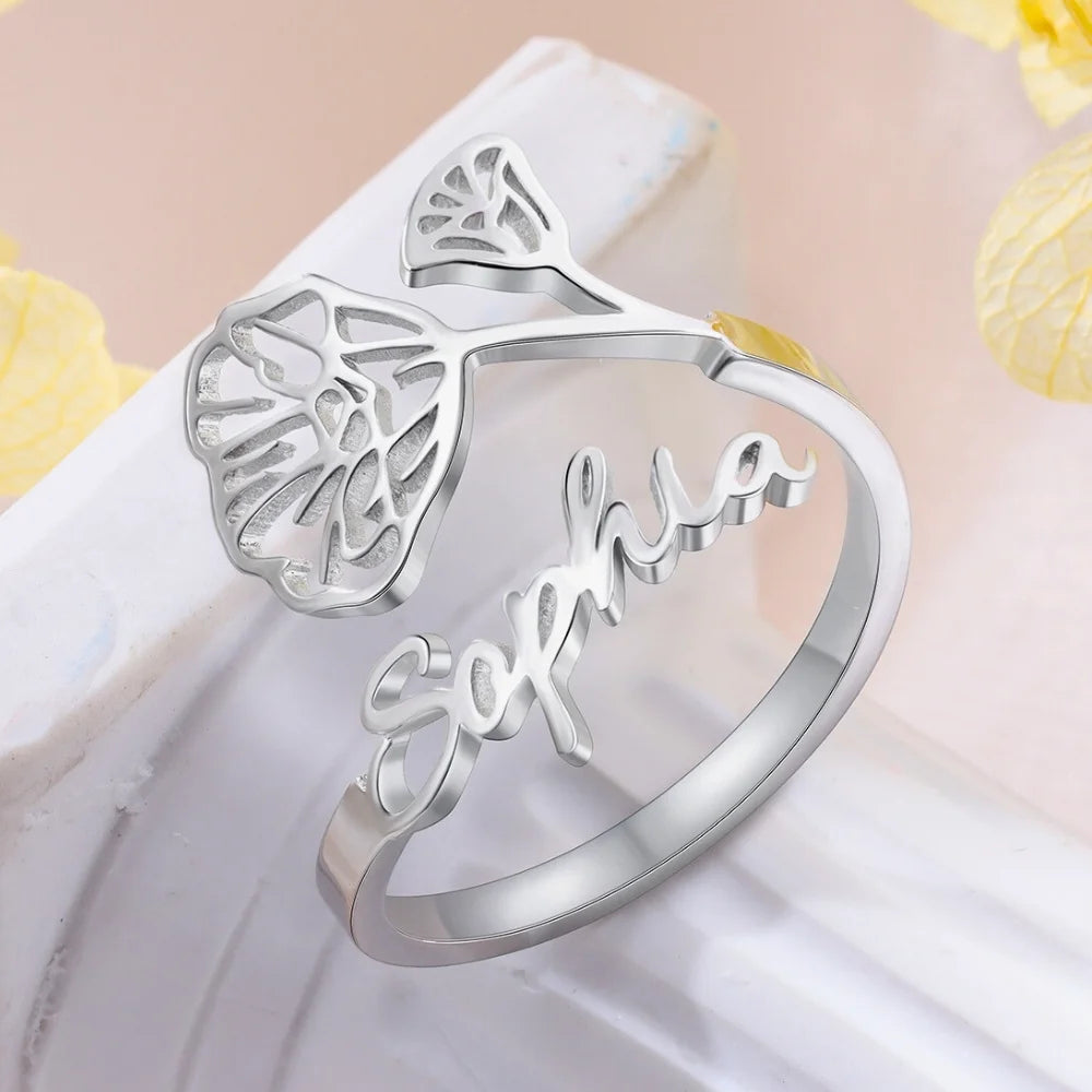 Birth Flower Personalised Ring, Sterling Silver Name Ring with Birth Flower, Birth Flower Jewellery for Her