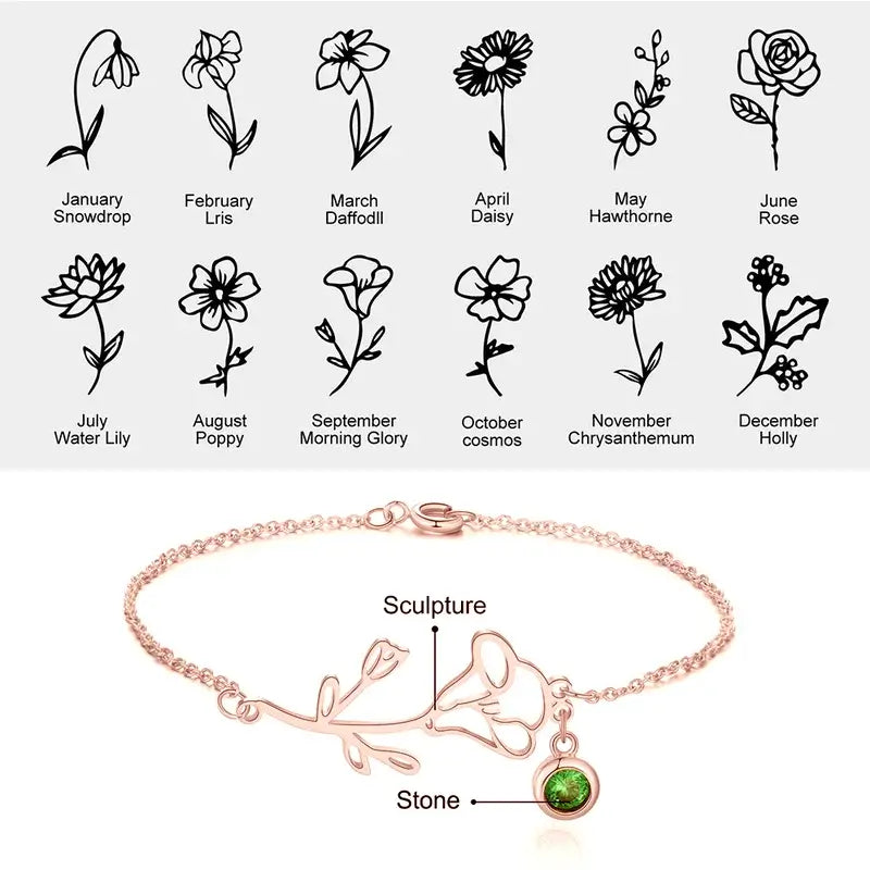 Birth Flower Sterling Silver Personalised Birthstone Bracelet