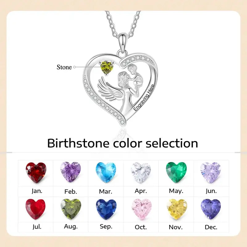 Personalised Engraved Angel Wings Mum and Child Birthstone Necklace