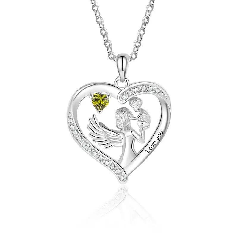 Personalised Engraved Angel Wings Mum and Child Birthstone Necklace