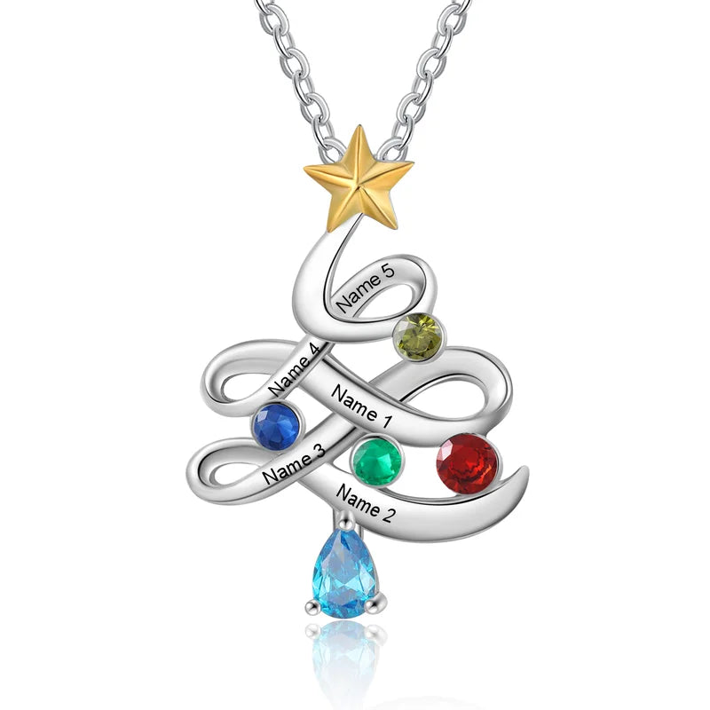 Family Tree Necklace Up to 5 Birthstone and Names | Christmas Tree Necklace | Engraved Name Necklace