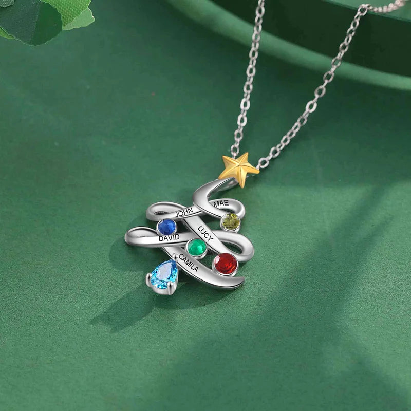 Family Tree Necklace Up to 5 Birthstone and Names | Christmas Tree Necklace | Engraved Name Necklace