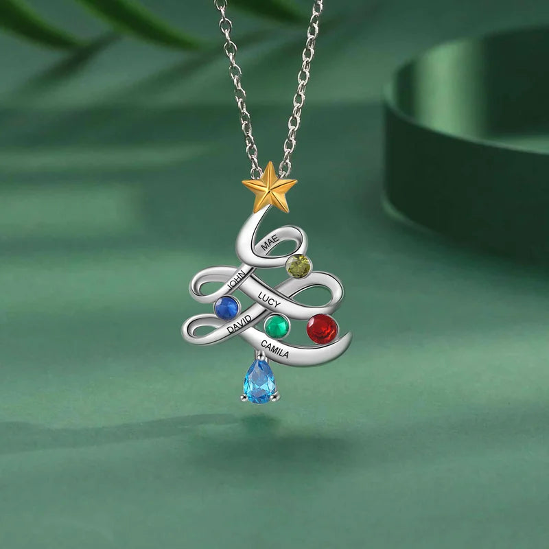 Family Tree Necklace Up to 5 Birthstone and Names | Christmas Tree Necklace | Engraved Name Necklace