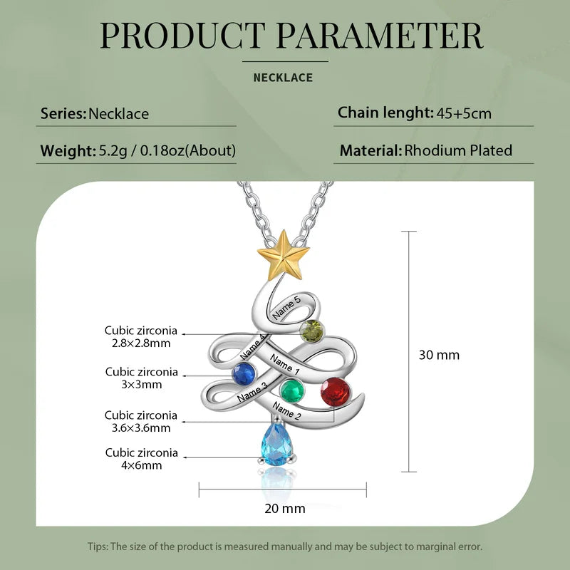Family Tree Necklace Up to 5 Birthstone and Names | Christmas Tree Necklace | Engraved Name Necklace