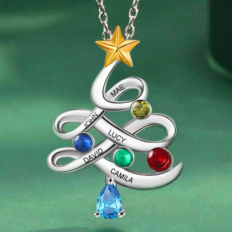 Family Tree Necklace Up to 5 Birthstone and Names | Christmas Tree Necklace | Engraved Name Necklace