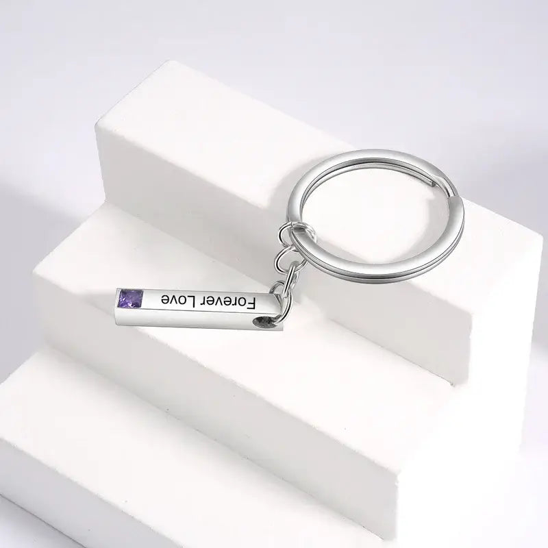 Birthstone Engraved Bar Personalised Keyring