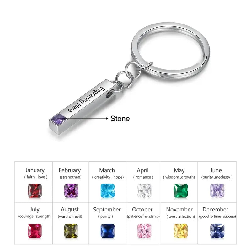 Birthstone Engraved Bar Personalised Keyring