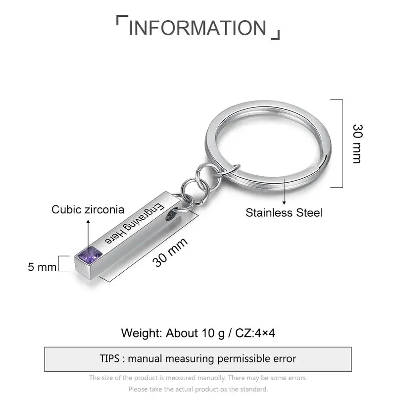 Birthstone Engraved Bar Personalised Keyring