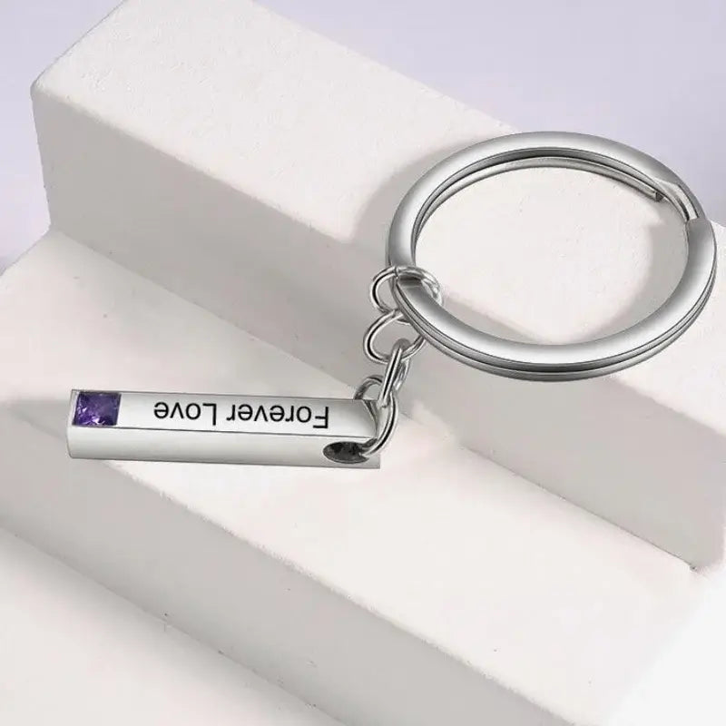 Birthstone Engraved Bar Personalised Keyring