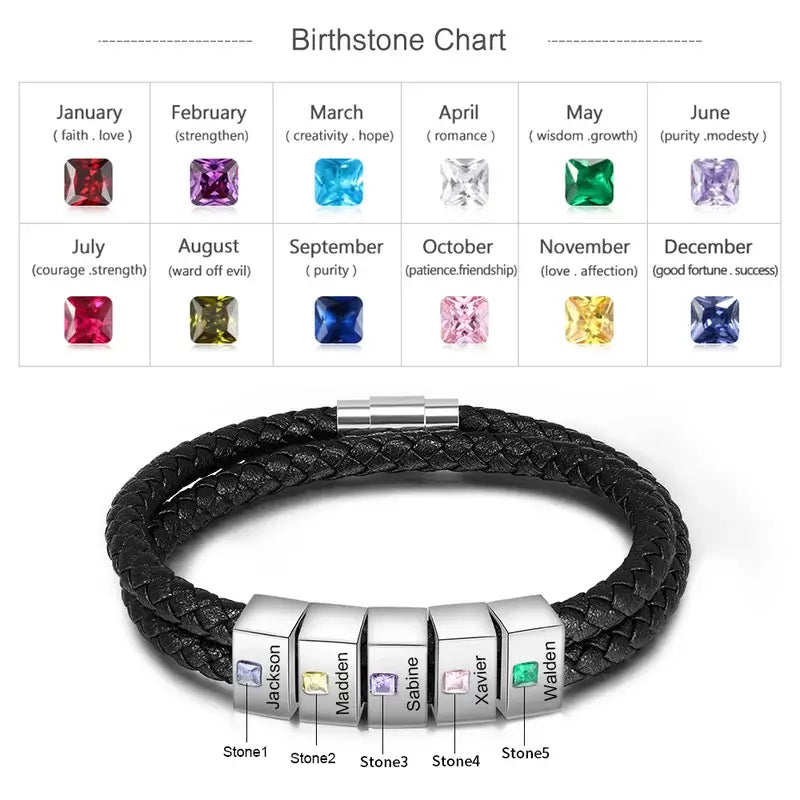 Birthstone Men's Leather Personalised Bracelet with 2-5 Engraved Beads