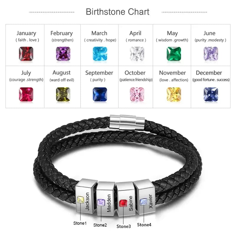 Birthstone Men's Leather Personalised Bracelet with 2-5 Engraved Beads