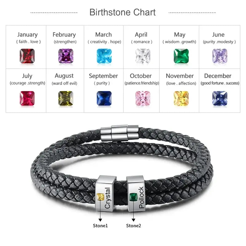 Mens Personalised Bracelet with Birthstone Name Leather Bracelet